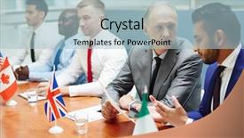  Presentation with leaders - Slide deck with political leaders discussing international document background and a light blue colored foreground