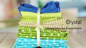  Presentation with fabrics - Colorful presentation design enhanced with polka dot - color mottled fabrics on wooden backdrop and a yellow colored foreground