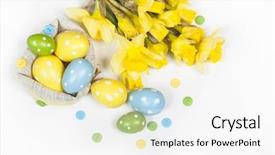  Presentation with daffodil - PPT theme featuring polka dot - easter eggs decorated with yellow background and a white colored foreground