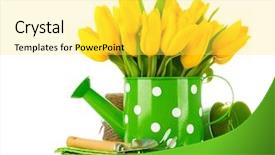 Presentation with garden tools - Amazing slide deck having polka dot - spring flowers in watering can backdrop and a yellow colored foreground