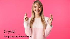  Presentation with good luck - PPT theme with polkadots - cheerful young blonde woman wearing background and a coral colored foreground