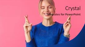  Presentation with good luck - Cool new PPT theme with polkadots - cheerful young blonde woman wearing backdrop and a coral colored foreground