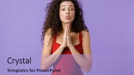  Presentation with curly hair - Colorful presentation theme enhanced with polkadots - portrait of a cheerful woman backdrop and a light blue colored foreground