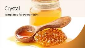  Presentation with honeycomb - Colorful theme enhanced with pollen - honey with honeycomb and wooden backdrop and a yellow colored foreground