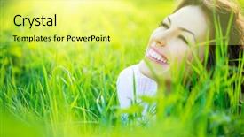  Presentation with healthy green food habit - Amazing slide deck having pollen dans l air - beautiful young woman outdoors enjoy backdrop and a yellow colored foreground