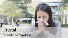  Presentation with sneezing - Slides having pollen dans l air - woman sneezing at outdoor background and a light gray colored foreground