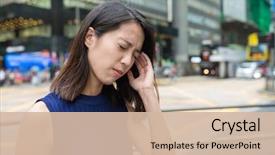  Presentation with headache - Audience pleasing slides consisting of pollution - woman feeling headache backdrop and a soft green colored foreground