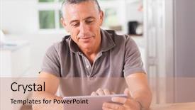  Presentation with man relaxing on massage table - Presentation design enhanced with polo shirt - happy man using tablet background and a coral colored foreground