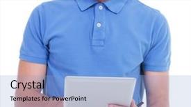  Presentation with tablet - Slide deck featuring polo shirt - picture of a young casual background and a light blue colored foreground