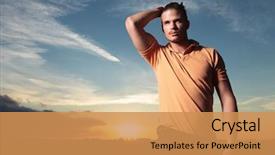  Presentation with sunset - Amazing PPT theme having polo shirt - young casual man outdoor passing backdrop and a gold colored foreground