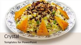  Presentation with barberry - Presentation having polo with tahdig saffron barberry background and a gold colored foreground