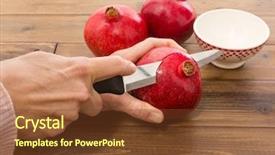 Presentation with pomegranate - Presentation enhanced with polyphenols - female hands cutting a fresh background and a tawny brown colored foreground