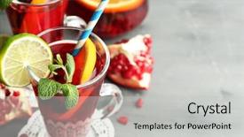  Presentation with orange lime - PPT layouts enhanced with pomegranate drink in glasses with mint and slices of orange and lime on color wooden background background and a light gray colored foreground