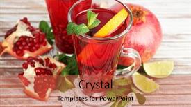  Presentation with color orange - Audience pleasing slides consisting of pomegranate drink in glasses with mint and slices of orange on color wooden planks background backdrop and a red colored foreground