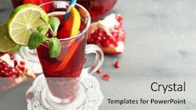  Presentation with color orange - PPT theme enhanced with pomegranate drink in glasses with mint and slices of orange and lime on color wooden background background and a light gray colored foreground