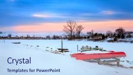  Presentation with kentucky - PPT theme with kayak dock - sunset on a frozen lake background and a sky blue colored foreground