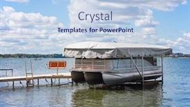  Presentation with boat - Cool new PPT theme with pontoon boat with cover resting on a boat lift on an inland lake backdrop and a sky blue colored foreground