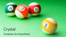  Presentation with billiard pool game nine ball - Colorful PPT layouts enhanced with pool balls on the table backdrop and a mint green colored foreground