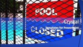  Presentation with closed - Colorful presentation theme enhanced with pool closed sign on fence outside apartment complex swimming pool backdrop and a cobalt blue colored foreground