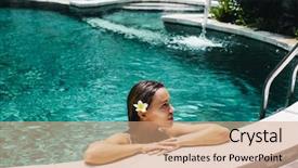  Presentation with flower woman - PPT theme having pool in bali luxury resort background and a coral colored foreground
