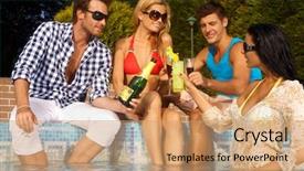  Presentation with summer party - Colorful presentation theme enhanced with pool party - young companionship on summer holiday backdrop and a coral colored foreground