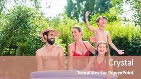  Presentation with kids garden - PPT theme consisting of family in garden pool splashing water cooling down mother father and kids having fun together background and a coral colored foreground