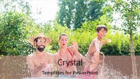  Presentation with kids garden - Audience pleasing theme consisting of family in garden pool splashing water cooling down mother father and kids having fun together backdrop and a coral colored foreground