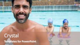  Presentation with smiling paramedic sitting in ambulance - PPT theme with poolside at the leisure center background and a coral colored foreground