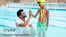  Presentation with coach - PPT theme featuring swimming competition - boy giving high five background and a cool aqua colored foreground