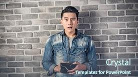  Presentation with asian - PPT theme with poor asian young man hold background and a ocean colored foreground