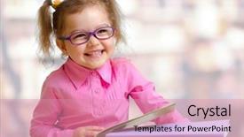  Presentation with reading table - Presentation theme featuring poor education - happy child girl in eyeglasses background and a coral colored foreground