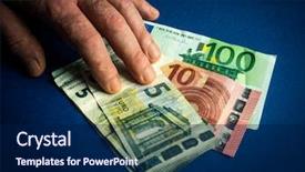  Presentation with medical splint broken bone hand - Presentation having poor rich - male hand and euro banknotes background and a navy blue colored foreground