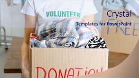  Presentation with donation - Beautiful PPT theme featuring volunteers needed - female volunteer holding donation box backdrop and a sky blue colored foreground