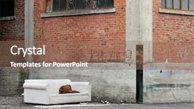  Presentation with homeless - PPT theme featuring homeless living room in the city a couch in an old industrial alley background and a violet colored foreground