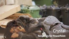  Presentation with bin - Beautiful PPT theme featuring young tramp woman lying with bottle of wine in bin backdrop and a tawny brown colored foreground