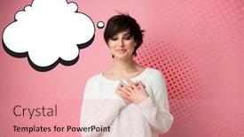  Presentation with pop art - PPT theme having pop-art-young-woman-smiling background and a coral colored foreground