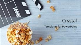  Presentation with popcorn movie - Cool new PPT theme with pop corn - cup with caramel popcorn backdrop and a light blue colored foreground