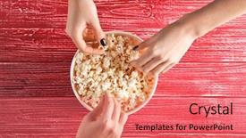  Presentation with unhappay women - PPT theme with pop corn - women eating tasty popcorn background and a coral colored foreground