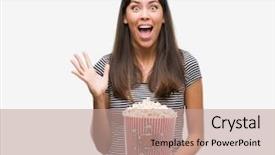  Presentation with students hands raised - Cool new theme with pop corn - young beautiful hispanic eating popcorn backdrop and a  colored foreground