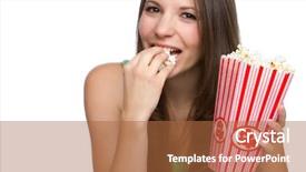  Presentation with popcorn - PPT layouts enhanced with pop corns movie - beautiful happy person eating popcorn background and a  colored foreground