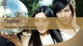  Presentation with disco ball - Amazing theme having pop music - attractive young couple holding disco backdrop and a gold colored foreground