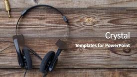  Presentation with music headphones - Cool new presentation design with pop music - headphones over wooden table backdrop and a  colored foreground