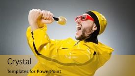  Presentation with mic - Amazing presentation theme having pop star - man wearing yellow suit backdrop and a gold colored foreground
