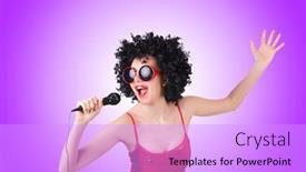  Presentation with mic - Audience pleasing PPT layouts consisting of pop star with mic in red dress against gradient backdrop and a lilac colored foreground