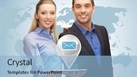  Presentation with email - Amazing slide set having pop up meetings - businesswoman and businessman showing tablet backdrop and a  colored foreground