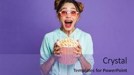  Presentation with popcorn - Slides with popcorn isolated over violet background and a light blue colored foreground