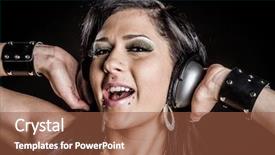  Presentation with headphones - PPT theme with popstar - beautiful singing woman wearing headphones background and a  colored foreground