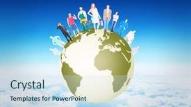  Presentation with altitude - Beautiful presentation theme featuring population composition - people standing on earth backdrop and a  colored foreground