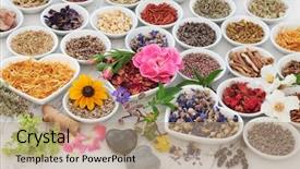  Presentation with herbal medicine healing herbs mortar - Presentation consisting of porcelain bowls over distressed wooden background and a coral colored foreground
