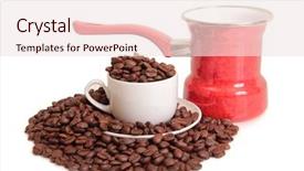  Presentation with container pots - Presentation theme with porcelain cup and metal pots background and a  colored foreground